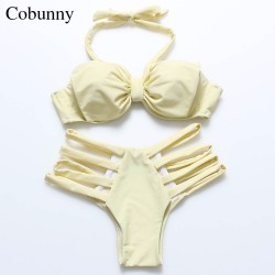 Cobunny 2017 New Solid Yellow Women Push up Retro Halter Bikini Swimsuit Swimwear Strapless Bow String sexy Beachwear Biquini