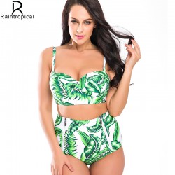 Raintropical Plus Size Swimwear Women High Waist Swimsuit 2016 Print Colorful Vintage Retro Underwire Large Push Up Bikini Set
