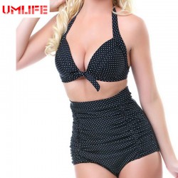 UMLIFE Sexy High Waist Swimsuit Women Retro Vintage Pinup Rockabilly Swimwear Push Up Bikini Set Bathing Suit Beachwear Biquini 